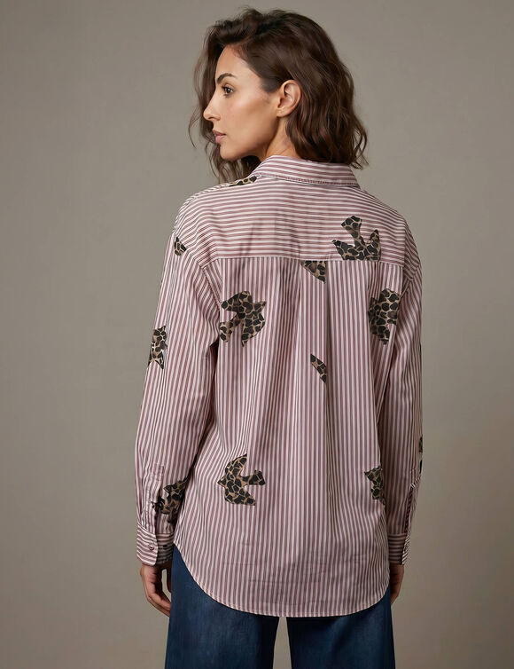 Chemise longue oversize en coton, rayures et imprim&eacute; (bordeaux / rose)