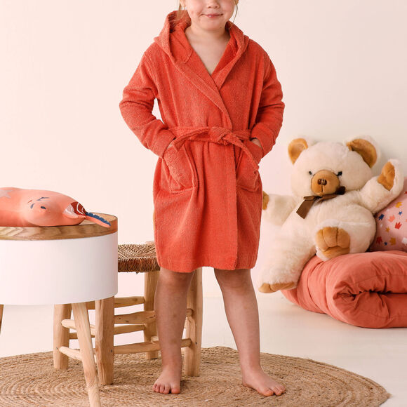 Kinderbadjas met capuchon, met foxprint &ndash; lusjesbadstof 340 g/m&sup2; (saffraangeel)