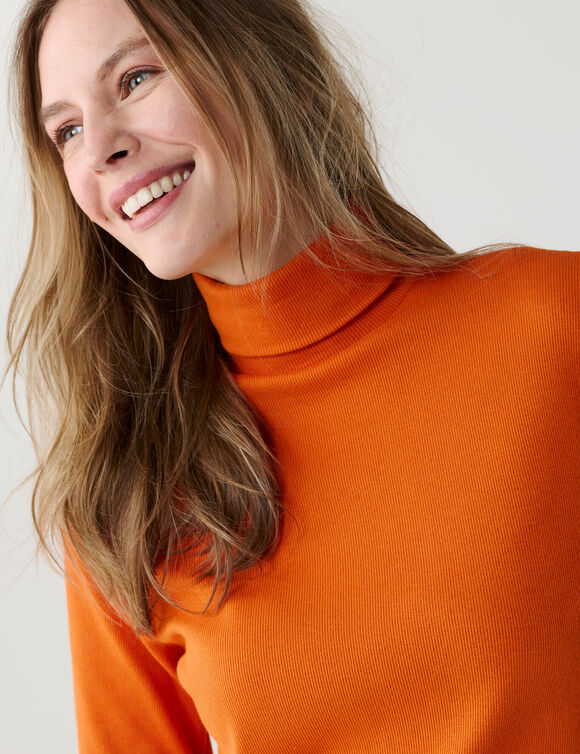 Sous-pull col roul&eacute; en maille c&ocirc;tel&eacute;e, uni (orange)