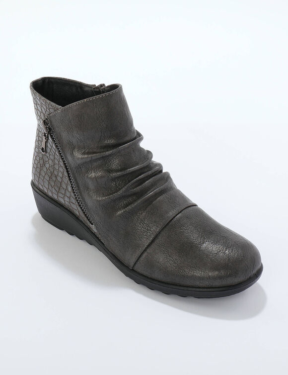 Boots compens&eacute;es pliss&eacute;es et zipp&eacute;es, dos effet textur&eacute; (gris)