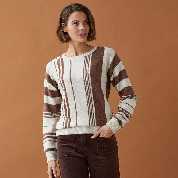 Trui in blousonstijl met verticale strepen, losse pasvorm (beige / chocolade)