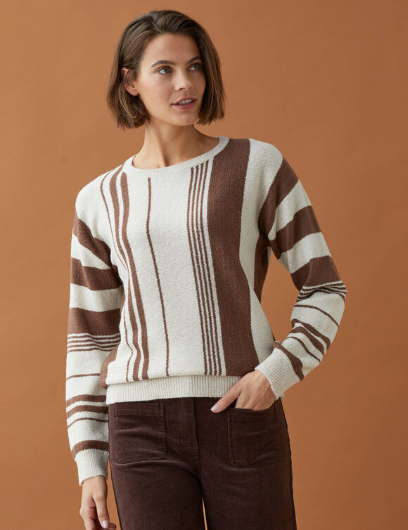 Pull blousant &agrave; rayures verticales, volume loose (beige / chocolat)