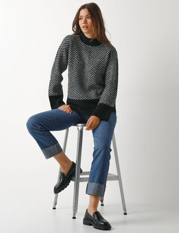 Pull loose col montant, bicolore (noir / écru)