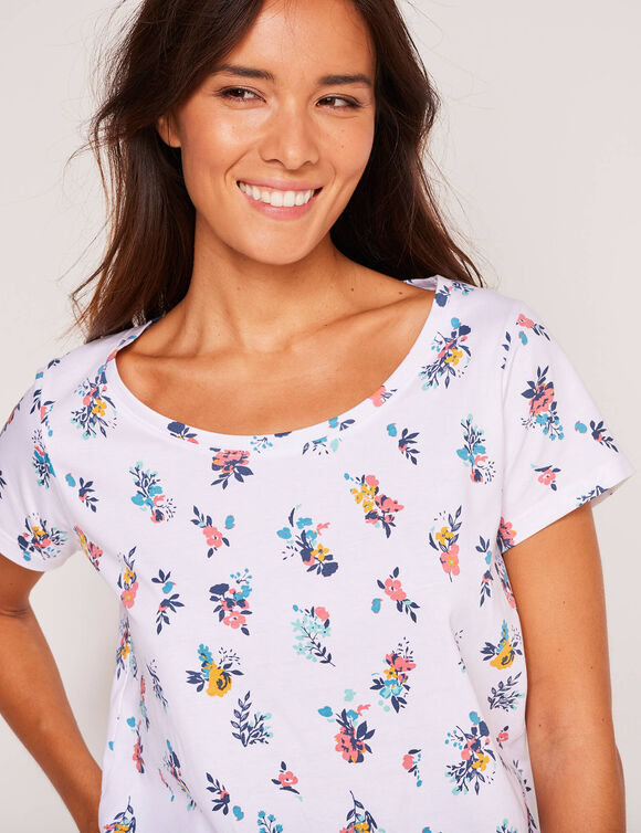 T-shirt col rond imprimé fleuri coton (blanc)