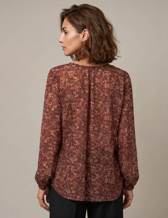 Blouse d&eacute;tails nouettes, manches longues, voile imprim&eacute; fleuri (bordeaux)