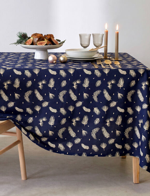 Tafellaken met goudkleurig bladmotief (marineblauw)