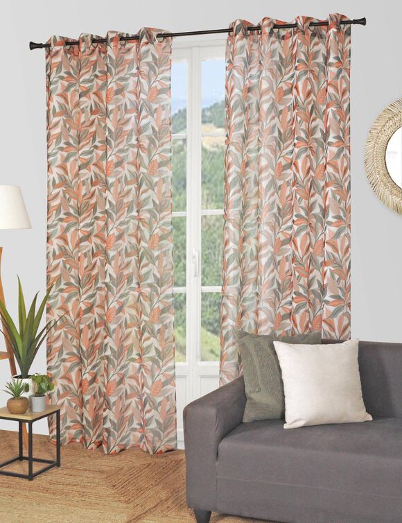 Panneau voilage &eacute;tamine imprim&eacute; feuillage, finition oeillets (terracotta / kaki)