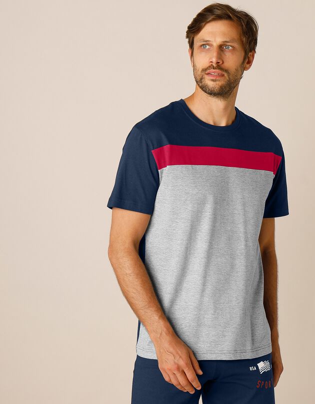Tee-shirt pyjama tricolore manches courtes, marine / gris chiné, hi-res