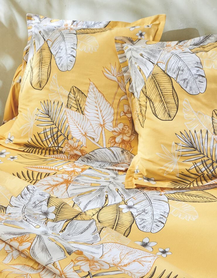 Linge de lit Elyse en coton imprimé fleurs et feuilles de palmes (miel)