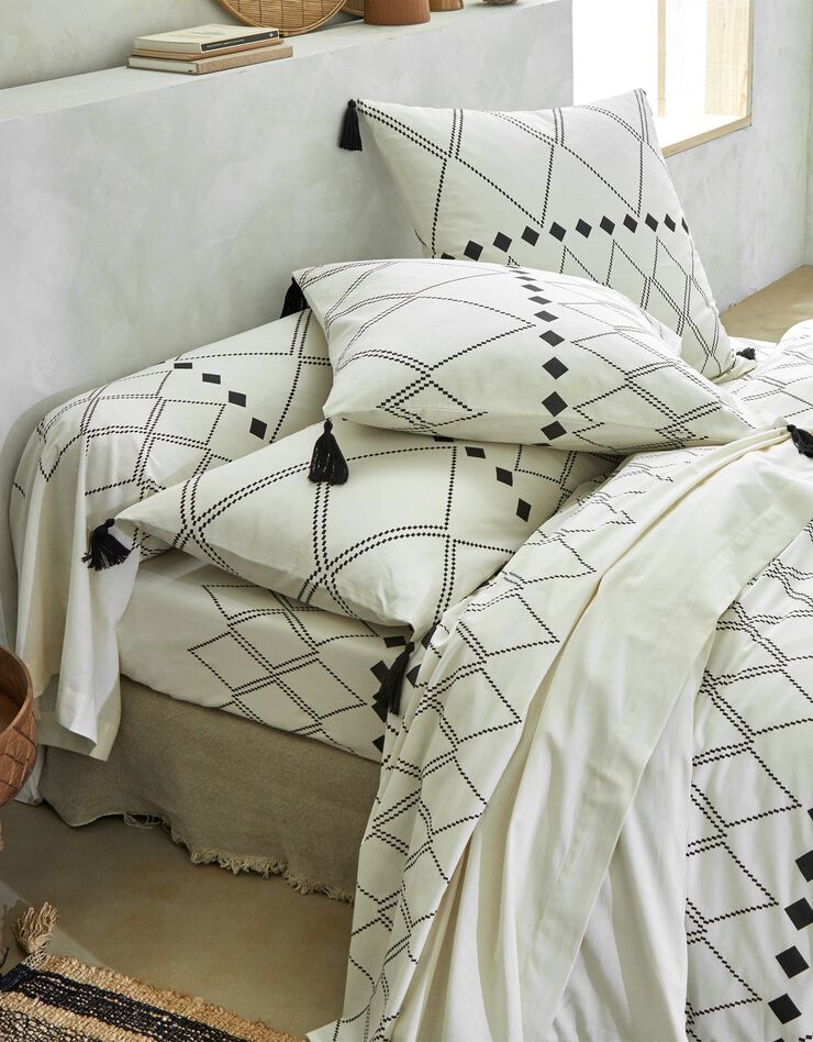 Linge de lit Massai coton à motifs graphiques et finitions pompons (écru)