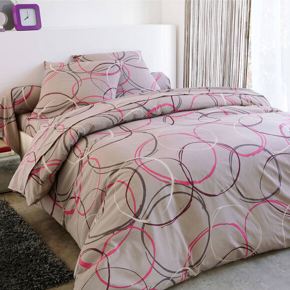 Bedlinnen No&eacute;mie in polykatoen met cirkelprint (grijstaupe)