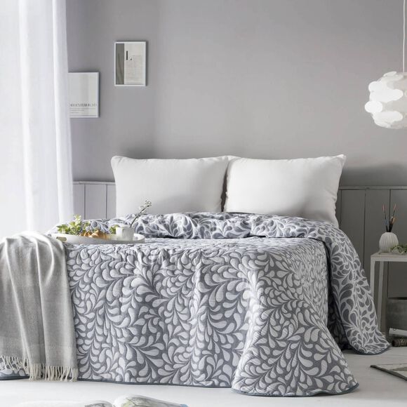 Couvre-lit jacquard motif Feuilles (gris / blanc)
