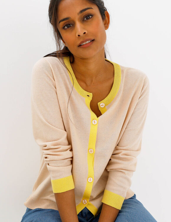 Gilet col rond bicolore, boutonn&eacute; (beige / geel)