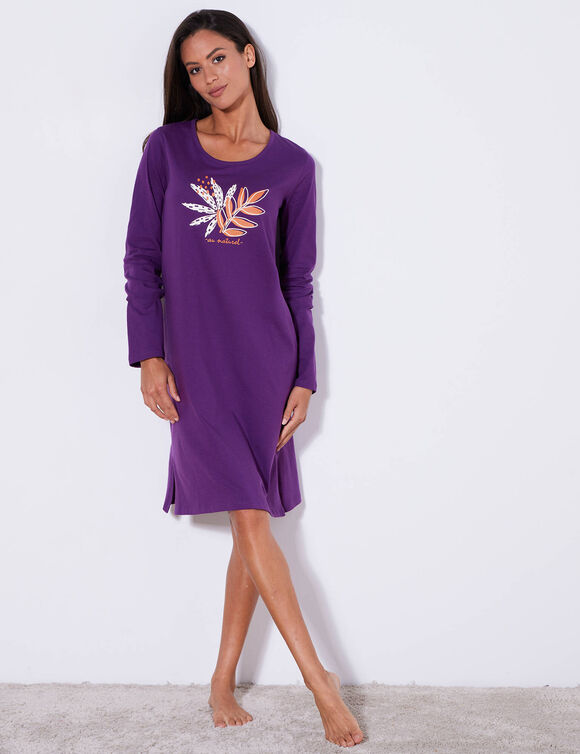 Kort nachthemd met lange mouwen en "naturel" print (paars)