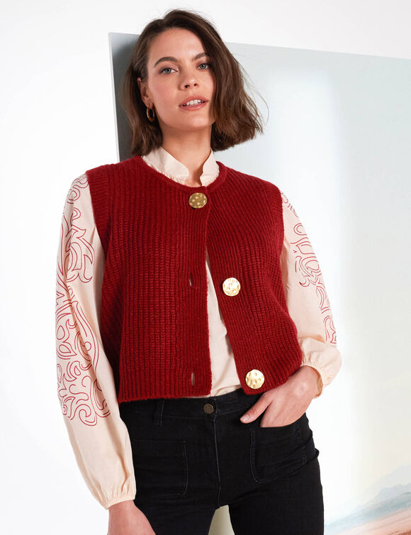 Gilet sans manches toucher doux, boutons dorés (bordeaux)