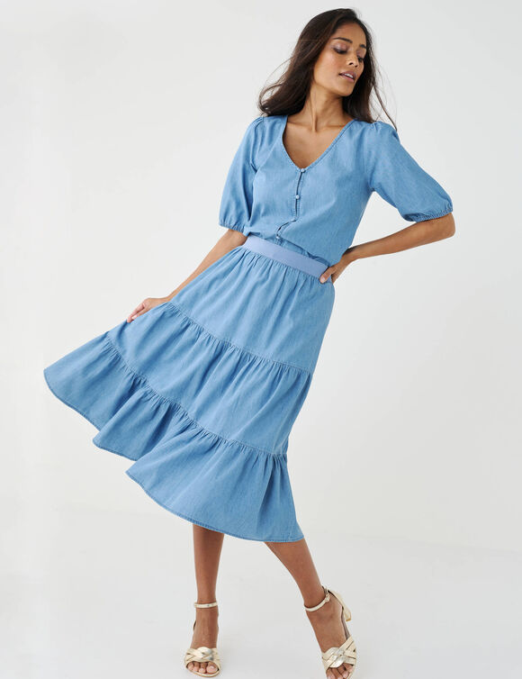 Jupe courte volant&eacute;e, volume jupon, jean l&eacute;ger (bleached)