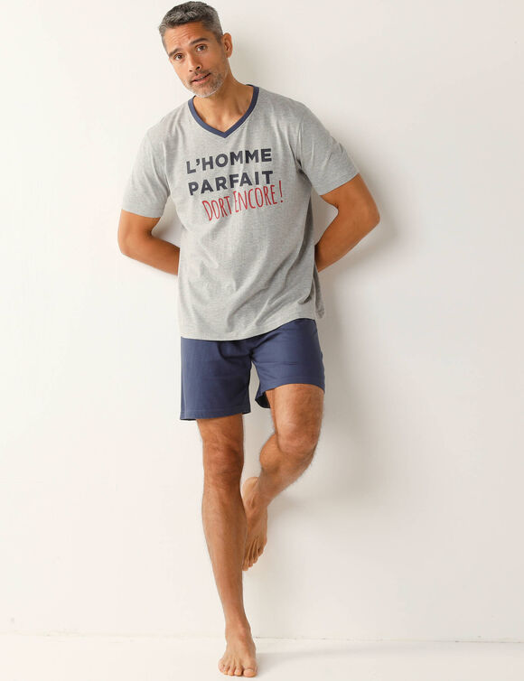 Pyjama short col V imprimé message (gris chiné / marine)