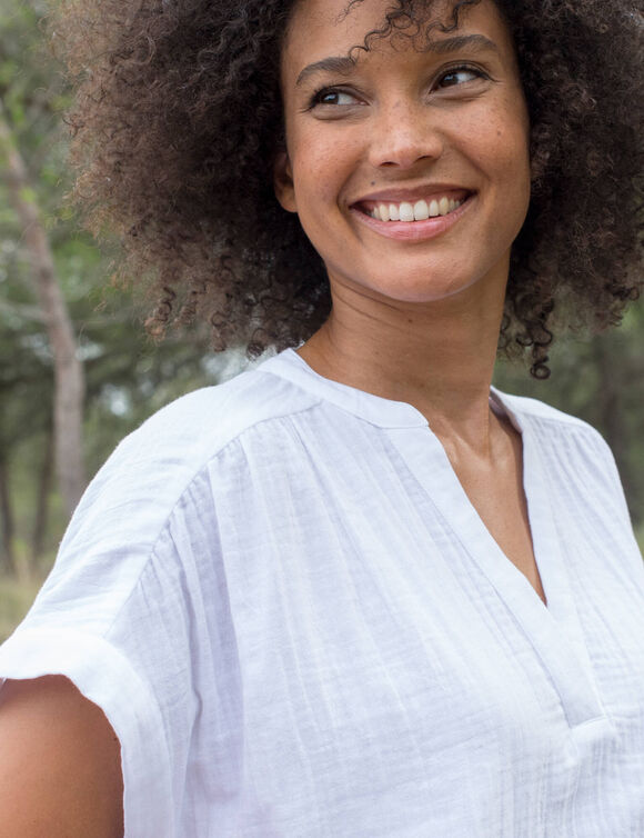 Blouse col tunisien unie en double gaze de coton  (blanc)