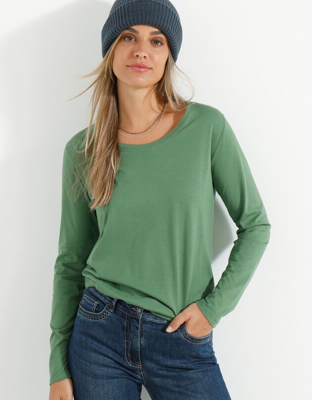 T-shirt col rond manches longues uni (vert mousse)