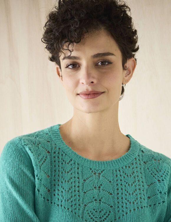 Pull col rond maille ajourée, toucher doux (vert menthe)