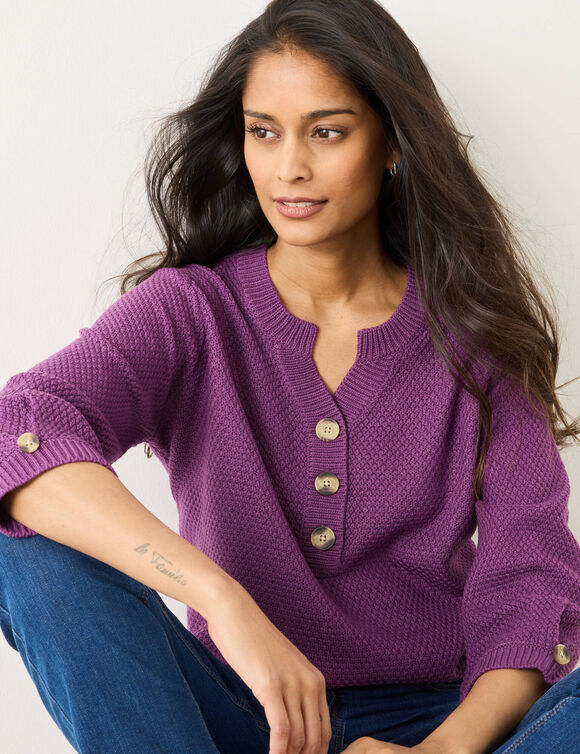 Pull col tunisien manches 3/4, maille fantaisie (violet)