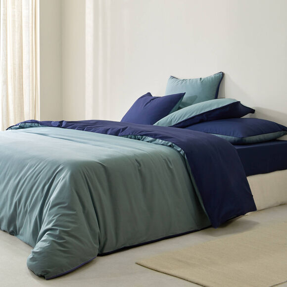 Linge de lit uni bicolore coton (marine / céladon)
