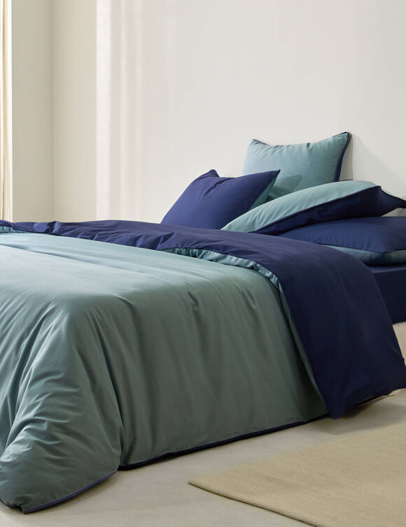 Linge de lit uni bicolore coton (marine / céladon)