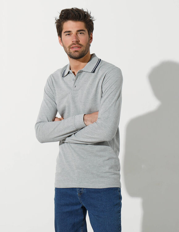 Polo uni maille piquée manches longues (gris chiné)