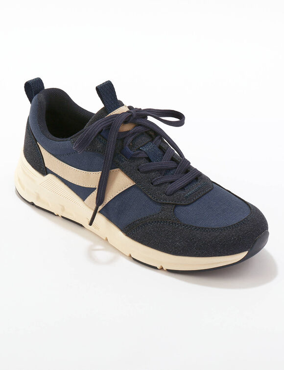 Sneakers in 2 materialen, met sleehak en veters (marine)