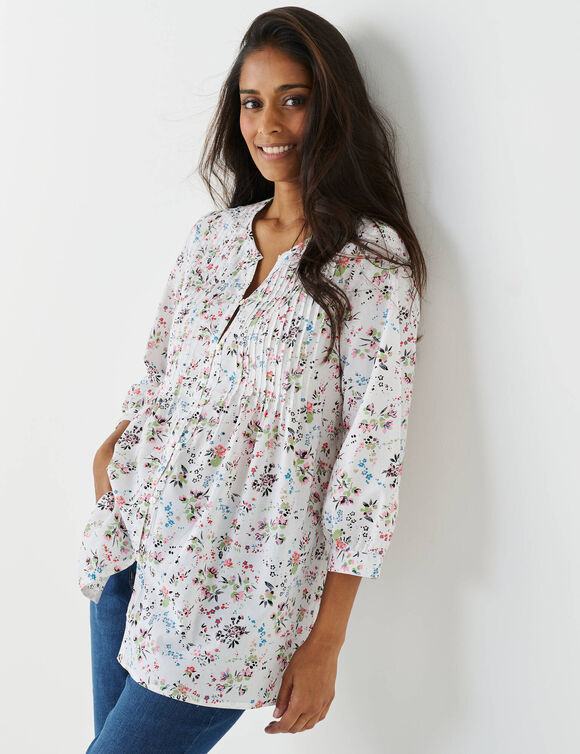 Tunique boutonnée à plis imprimé fleuri (blanc)