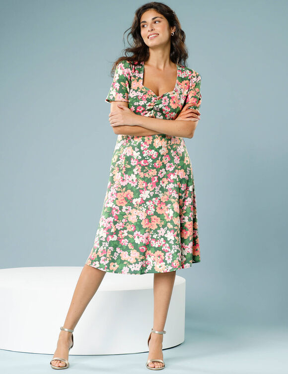 Robe midi imprimée, Spécial Petites (kaki / rose)