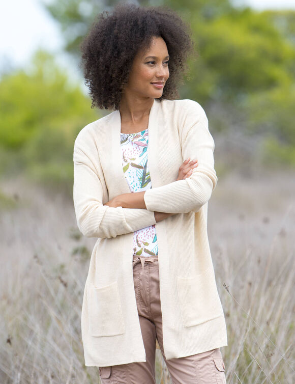 Gilet long porter ouvert, 2 poches, maille anglaise (beige)