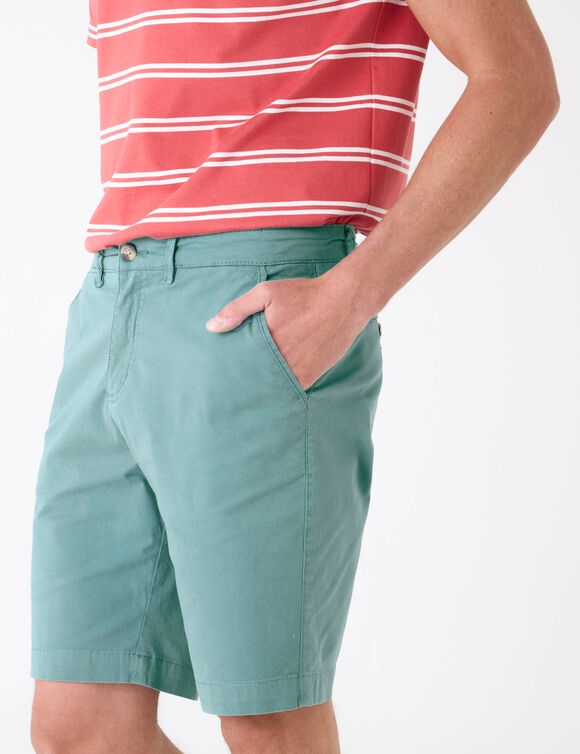 Bermuda chino met afgeronde zoom onder de buik (groenblauw)