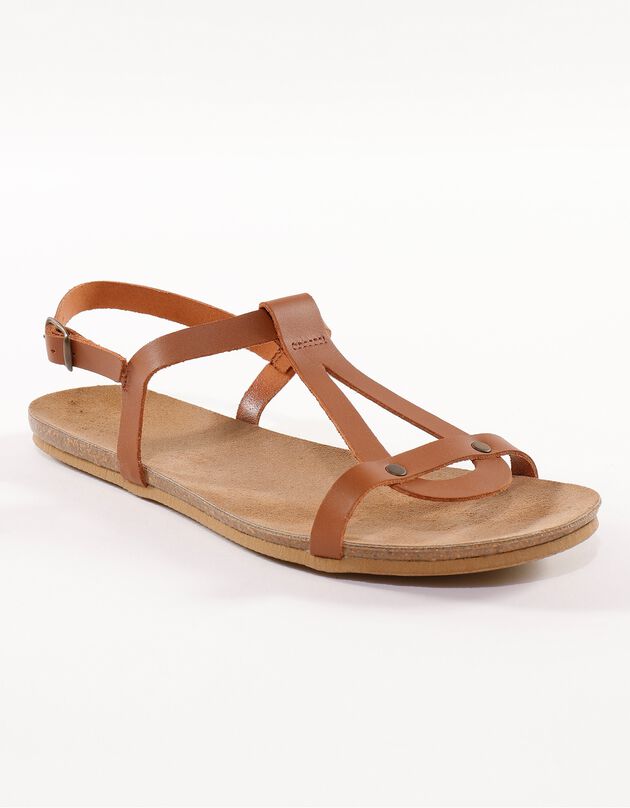 Sandales plates cuir semelle liège - marron (marron)