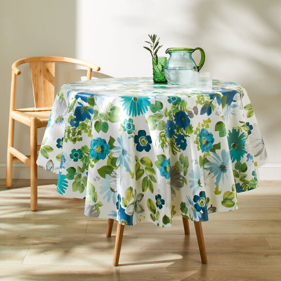 Tafelzeil met anemoonprint (wit / blauw)