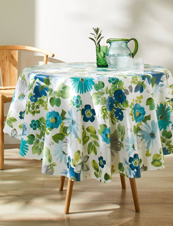 Nappe toile cirée imprimé anémones (blanc / bleu)