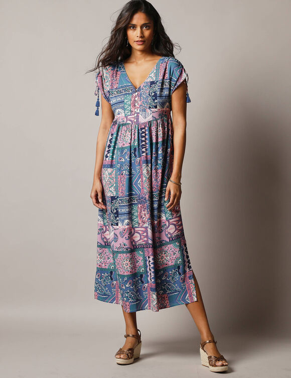 Robe mi-longue imprim&eacute;e, manches courte (bleu / parme)