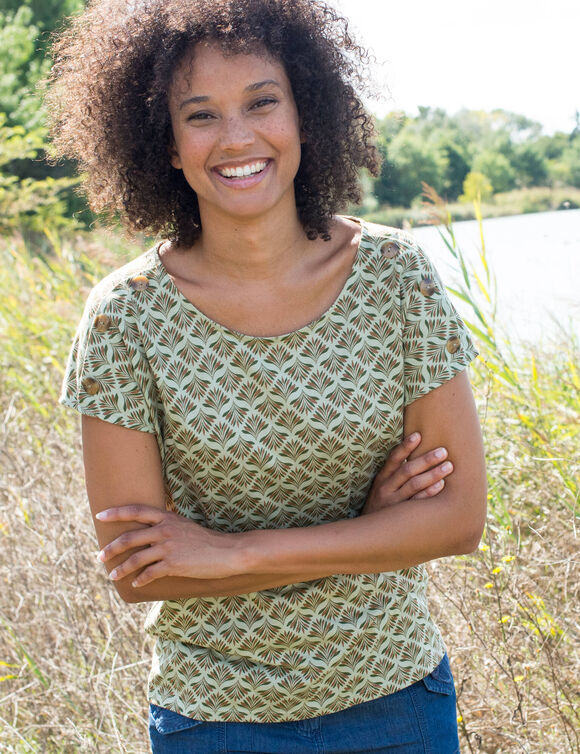 T-shirt col rond imprim&eacute; minimaliste (vert / chocolat)