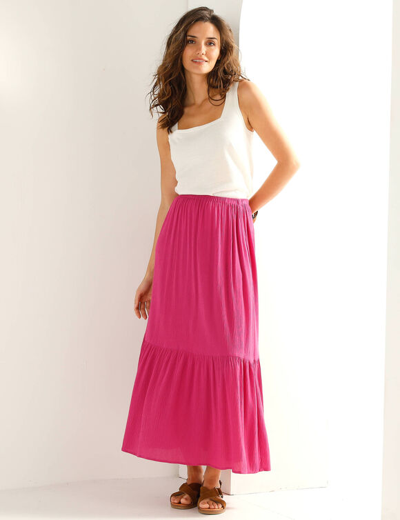 Jupe longue en cr&eacute;pon, volume jupon (Indisch roze)