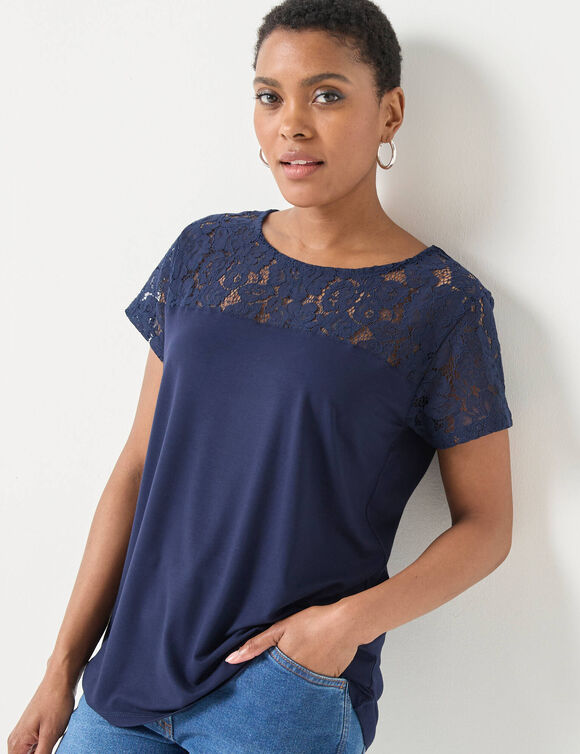 T-shirt met korte mouwen en kant (marine)