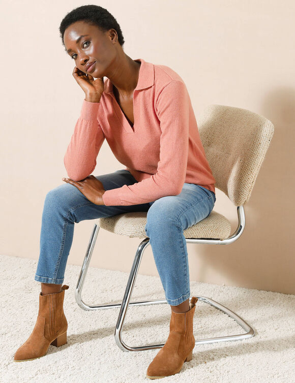 Pull col polo, laine d'agneau (rose chiné)