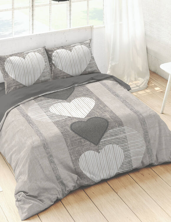 Linge de lit coeurs coton (&eacute;cru / gris)