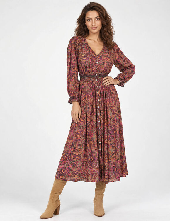 Lange jurk met knopen en bedrukte print, gesmokte taille (paars)