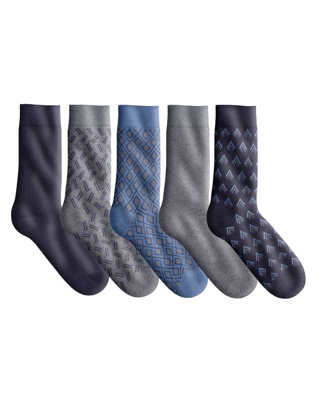 Fantasie sokken - set van 5 paar (marine + blauw + chiné grijs)