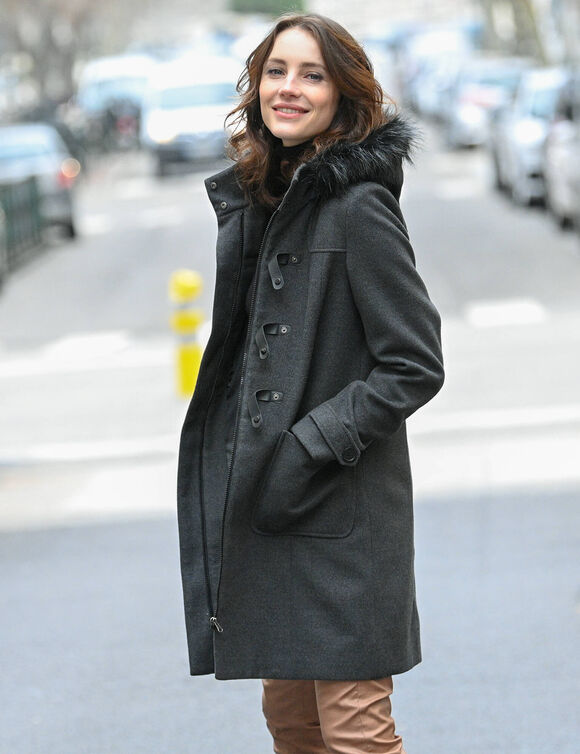 Duffle-coat capuche fausse fourrure uni (anthracite chiné)
