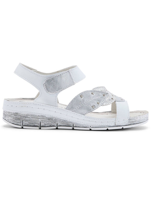 Sandales cuir &agrave; patte scratch&eacute;es motif feuilles, largeur confort (blanc)
