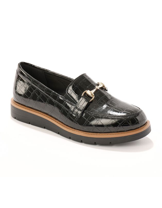 Mocassins met sleehak - gelakt kroko-effect (zwart)