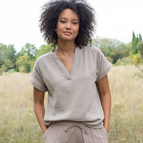 Blouse col tunisien unie en double gaze de coton  (taupe clair)