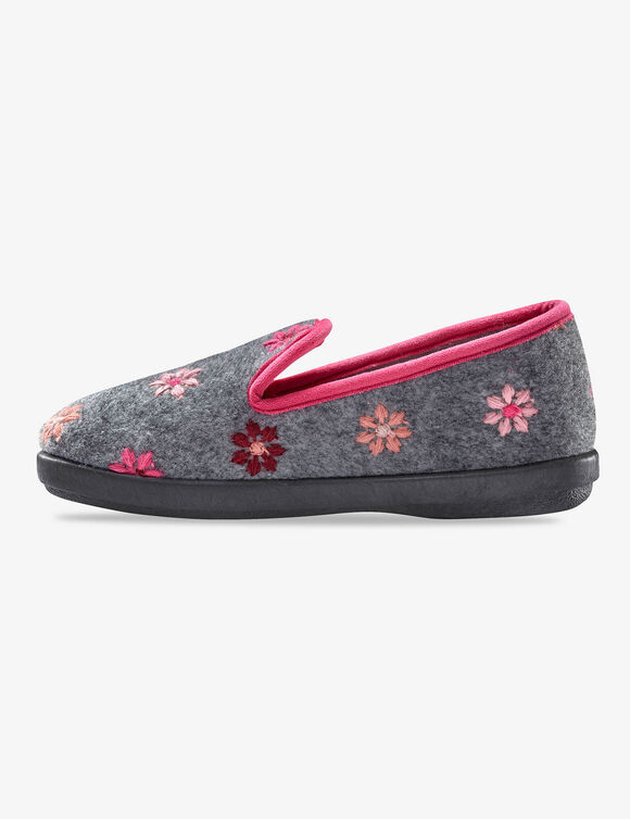 Charentaises - brodées fleurs (gris chiné)