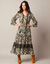 Robe longue imprimée manches 3/4, détails macramé (kaki / écru)